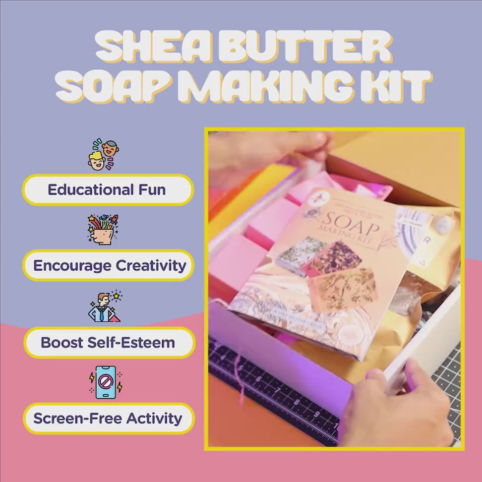 Shea Butter Soap Making Kit video showcasing everything that comes inside the box from instructions manual, raw material to ready pieces