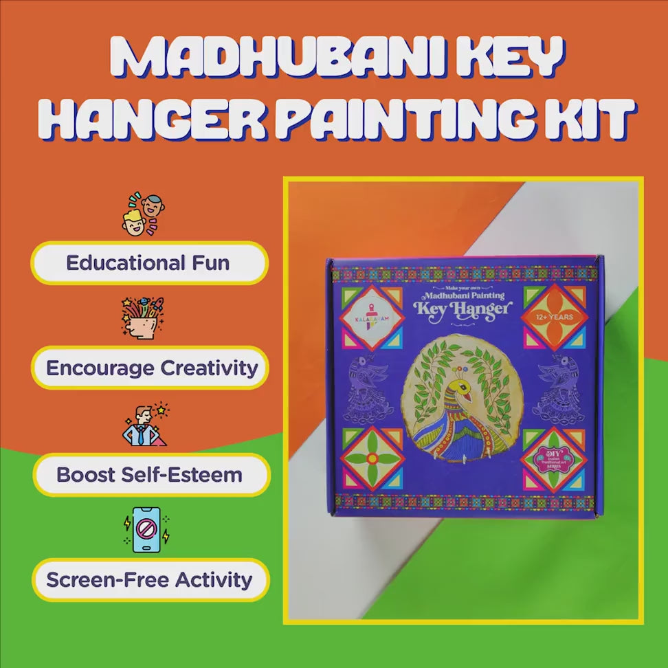 Madhubani Key Hanger Painting Kit video showcasing everything that comes inside the box from instructions manual, raw material, and the ready piece